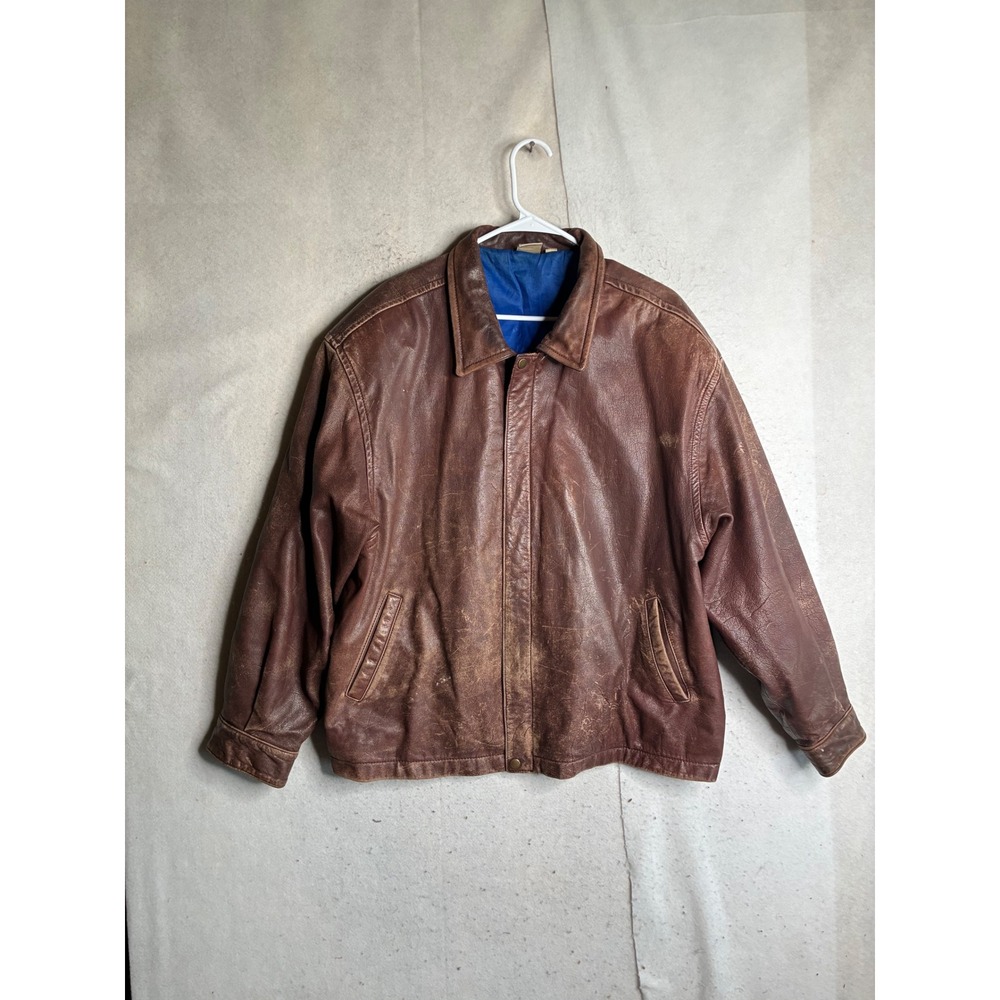 Vintage Merit Awards Brown Leather Bomber Jacket Mens XL Distressed Zip RN93406